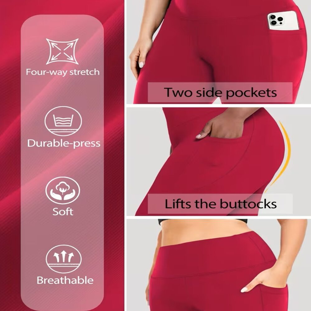 Women's Soft Plus 1X - 3X High waisted bike shorts w/pockets Red Poly/Spandex